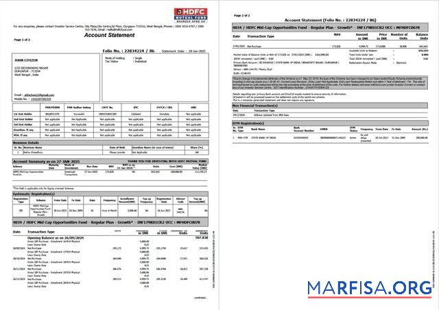Downloadable India HDFC bank account statement word 2 pages example